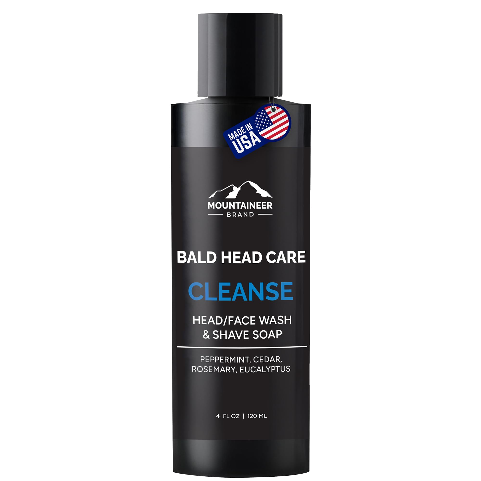 Mountaineer Brand Bald Head Wash bottle highlights refreshing scent and daily cleanse.