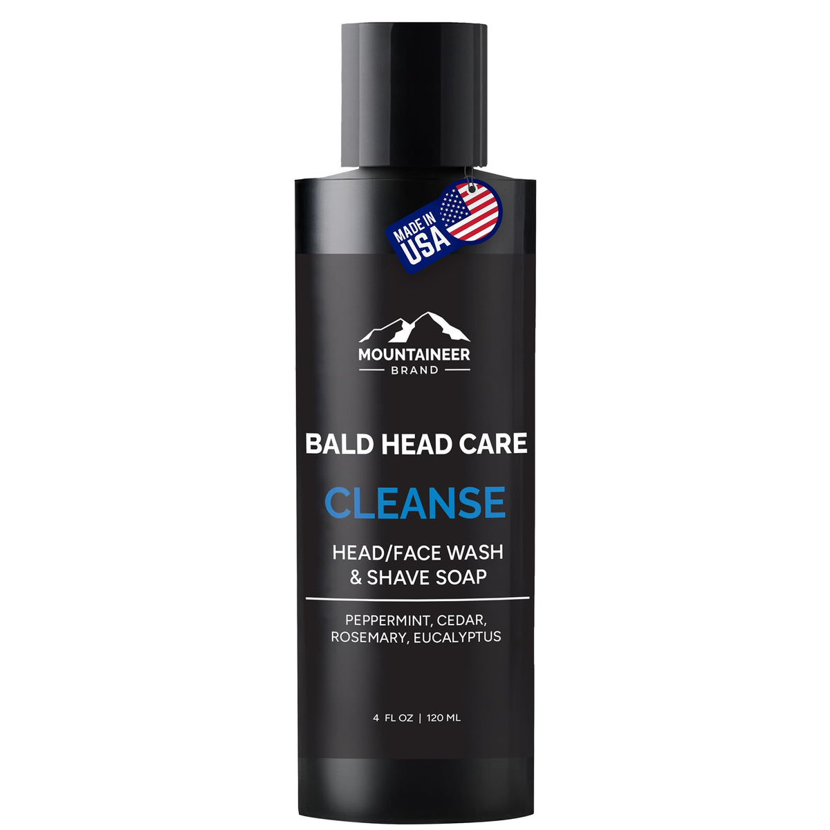 Mountaineer Brand Bald Head Wash bottle highlights refreshing scent and daily cleanse.