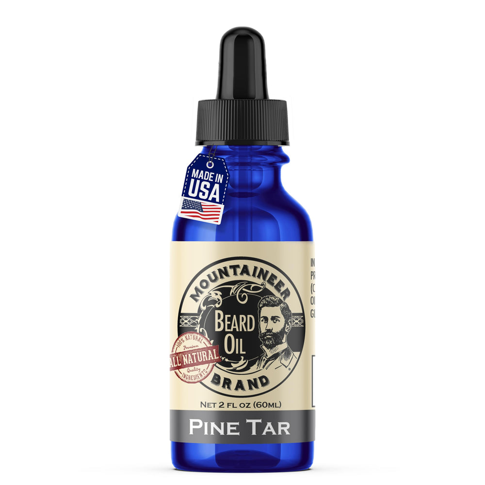 Mountaineer Brand Natural Beard Oil Pine Tar bottle hydrates and conditions dry beards.