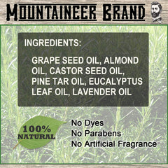 Mountaineer Brand Pine Tar beard oil packaging highlights compact design for travel and daily use.