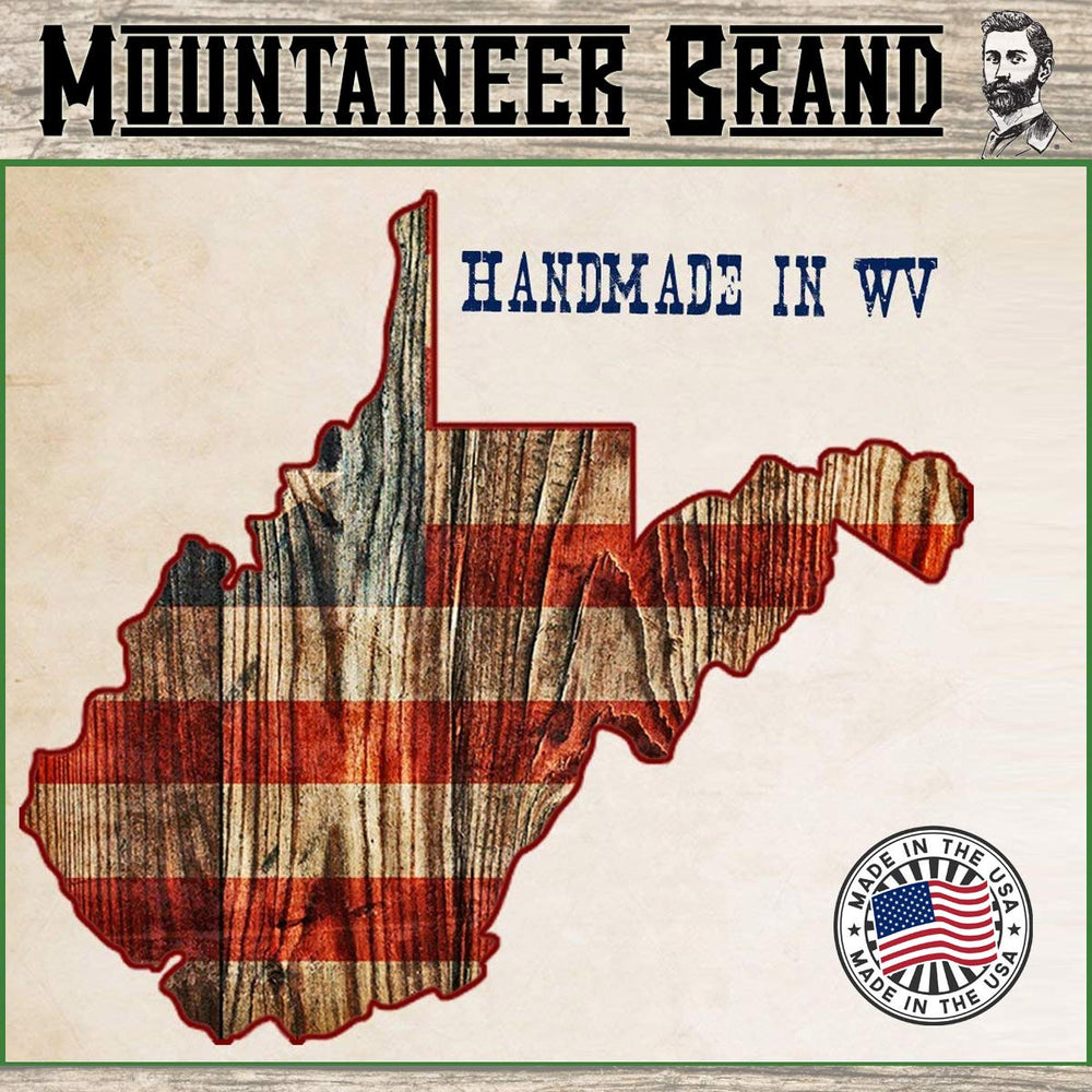Mountaineer Brand Made in West Virginia badge with beard oil care benefits.