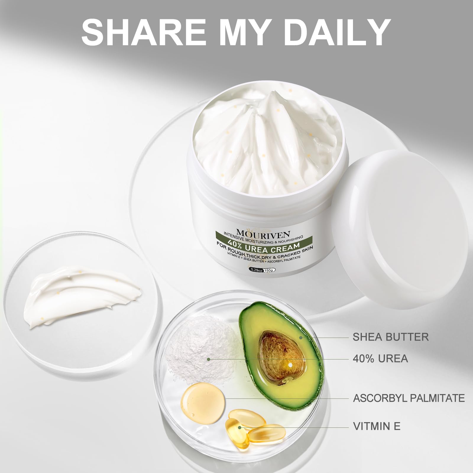 Mouriven Urea Cream 40% texture close-up highlighting glycerin and shea butter
