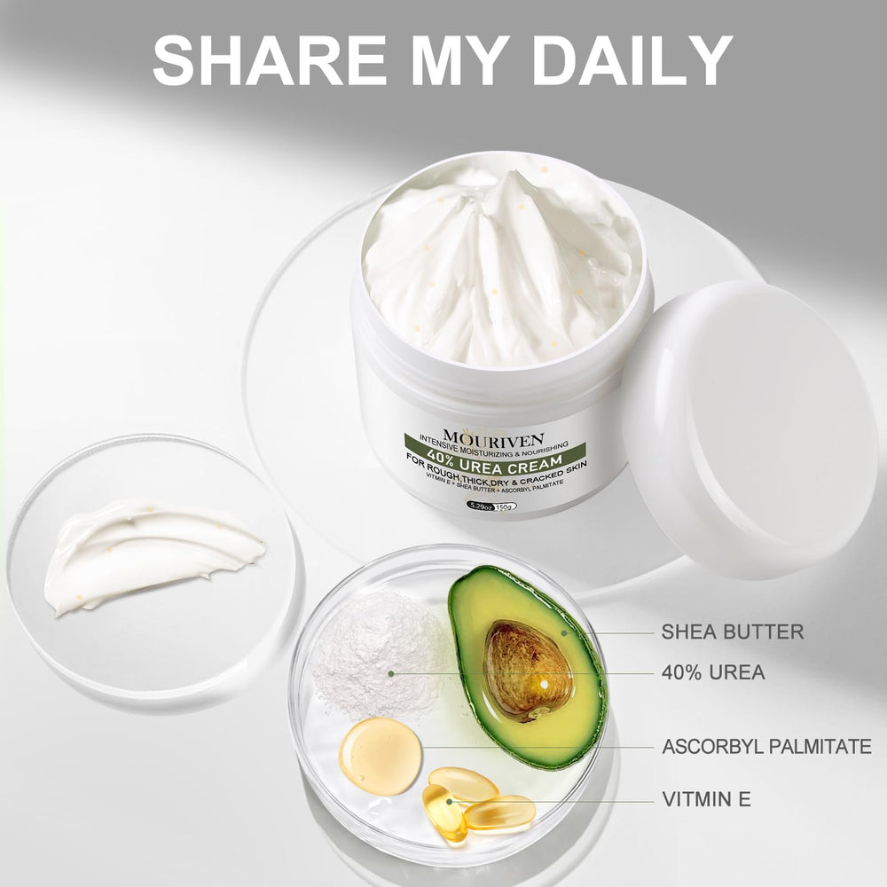Mouriven Urea Cream 40% texture close-up highlighting glycerin and shea butter