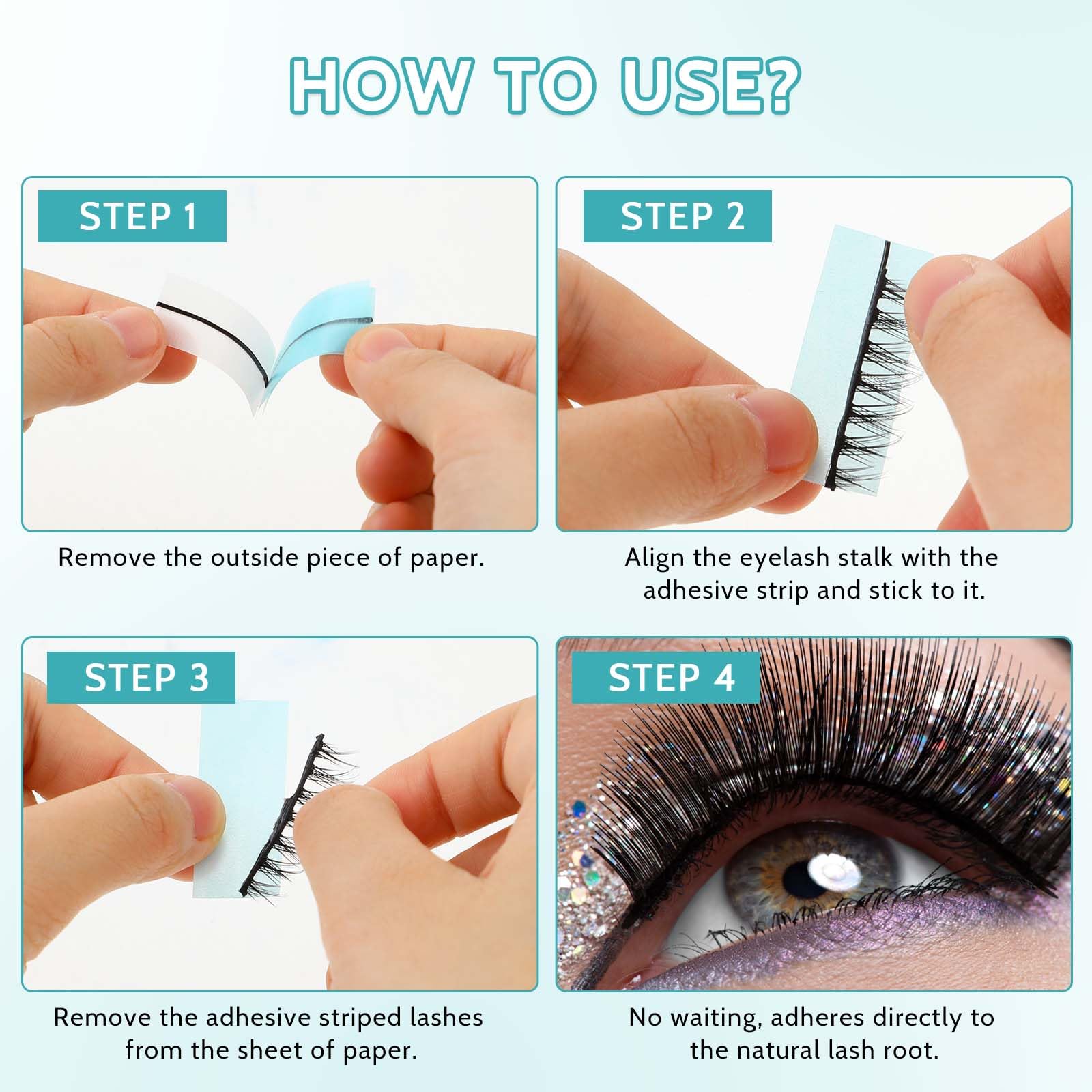 Mozeat Lens eyelash tape strip close-up demonstrates soft, skin-friendly material.