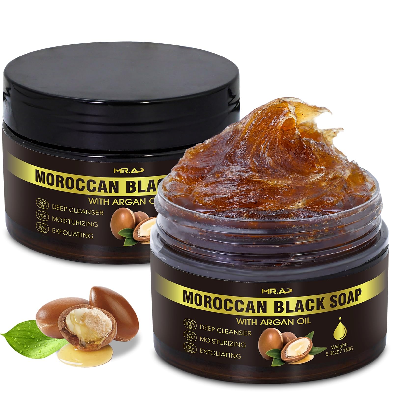 MR.A Moroccan Black Soap bottle shows a pure, hydrating cleanse for the body.