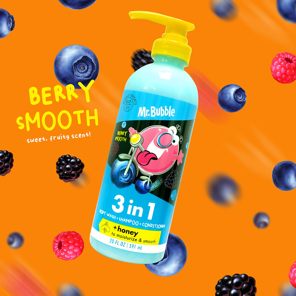 Mr. Bubble Berry Smooth 3in1 bottle in use with kids during bath time with honey moisture.