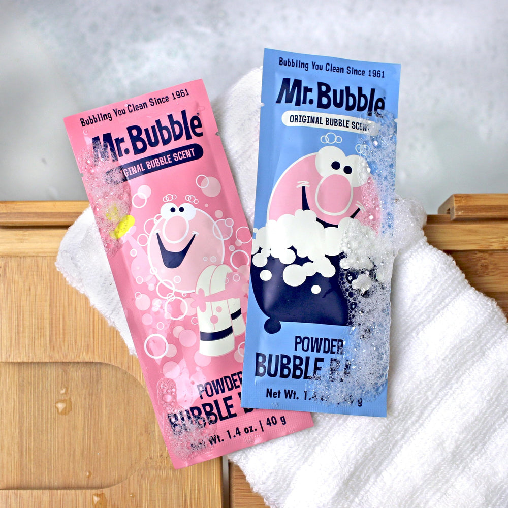 Mr. Bubble collectible retro design packaging adds vintage charm to bathtime rituals.