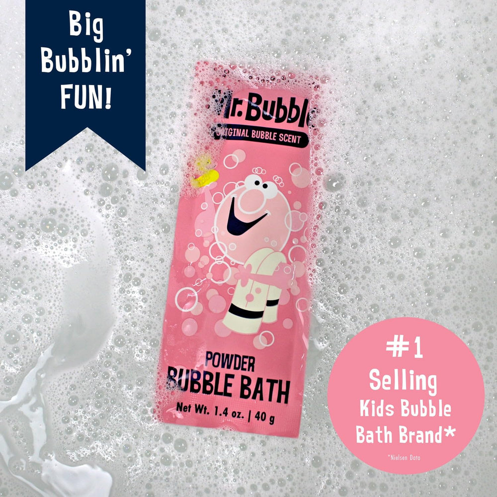 Mr. Bubble bottle and foam closeup highlights long-lasting froth.
