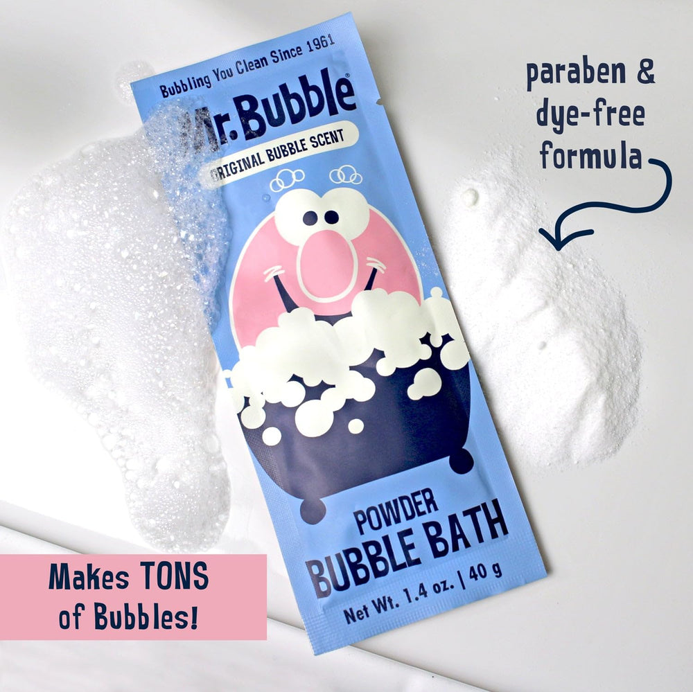 Mr. Bubble kid-friendly bath scene communicates safe, playful bath moments.