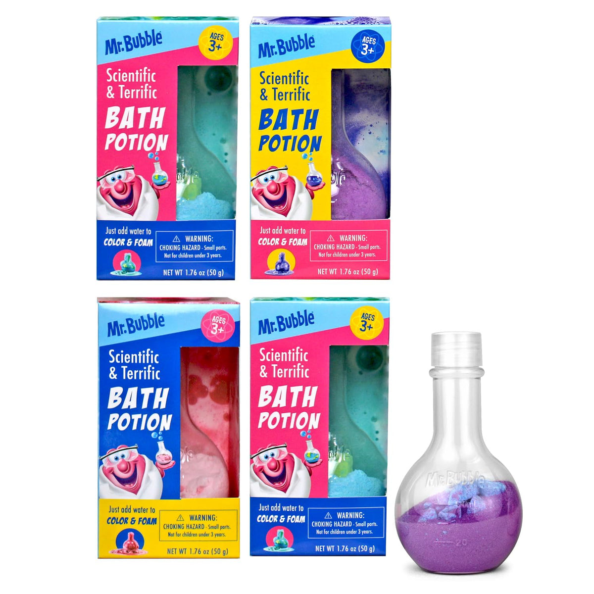 Mr. Bubble Kids bath potions pack shows colorful beaker display with fizz.