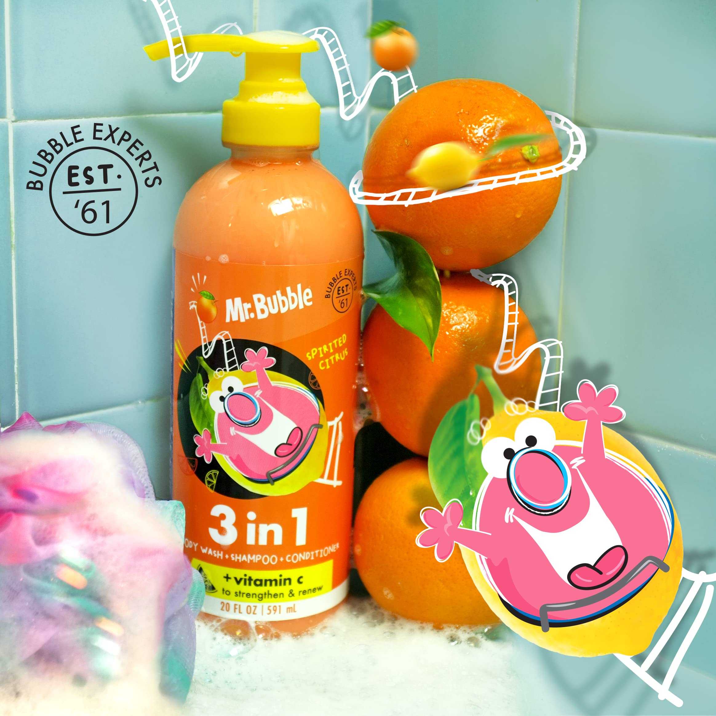 Mr. Bubble Spirited Citrus 3in1 bottle during family bath time with sudsy fun.