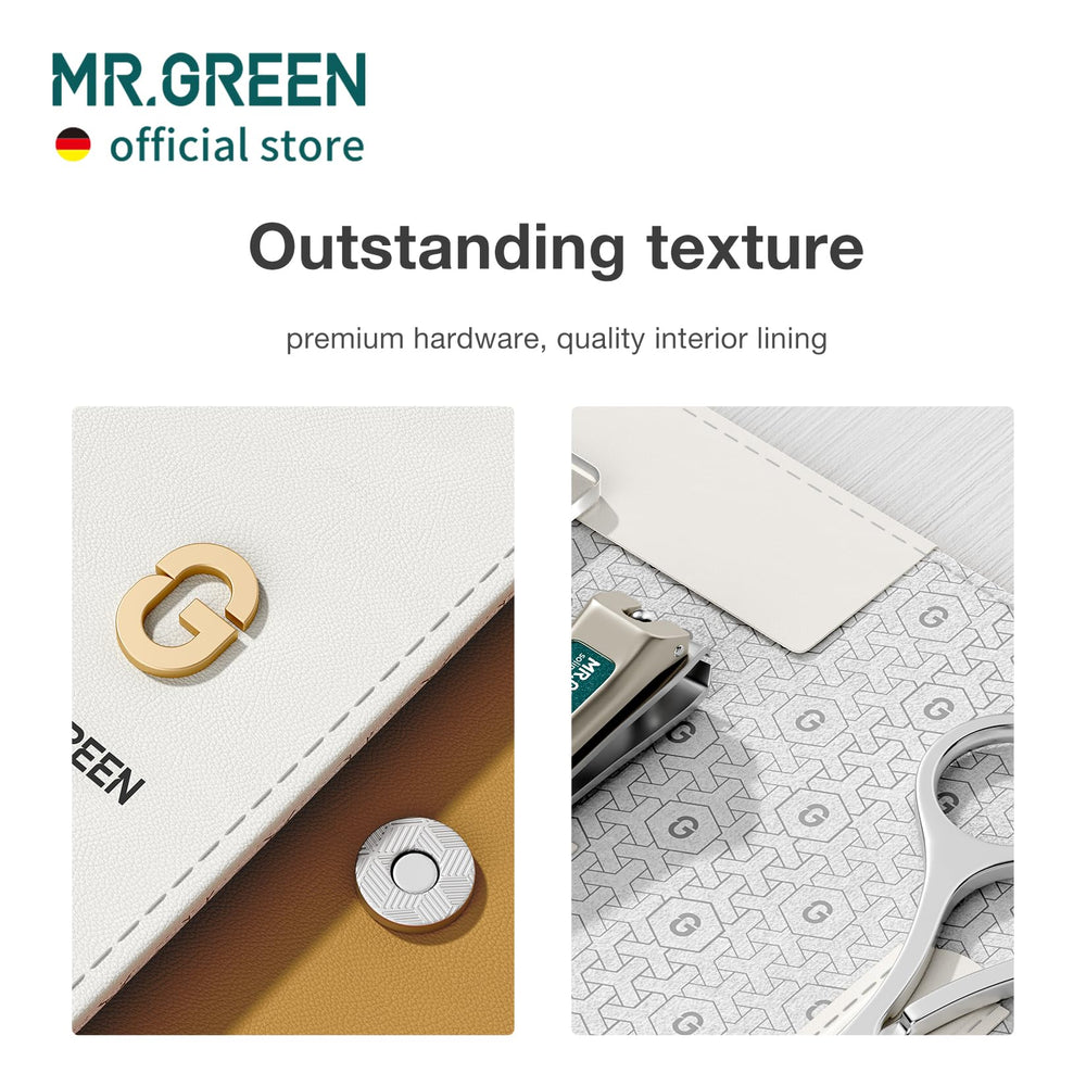 MR.GREEN PU leather case detail highlights stylish design and travel-friendly build.