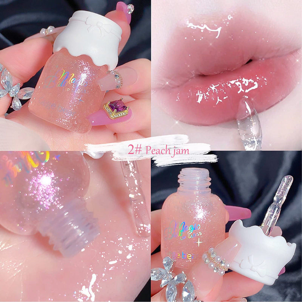 Mrettick shimmer lip gloss on lips demonstrating plump, glossy finish.