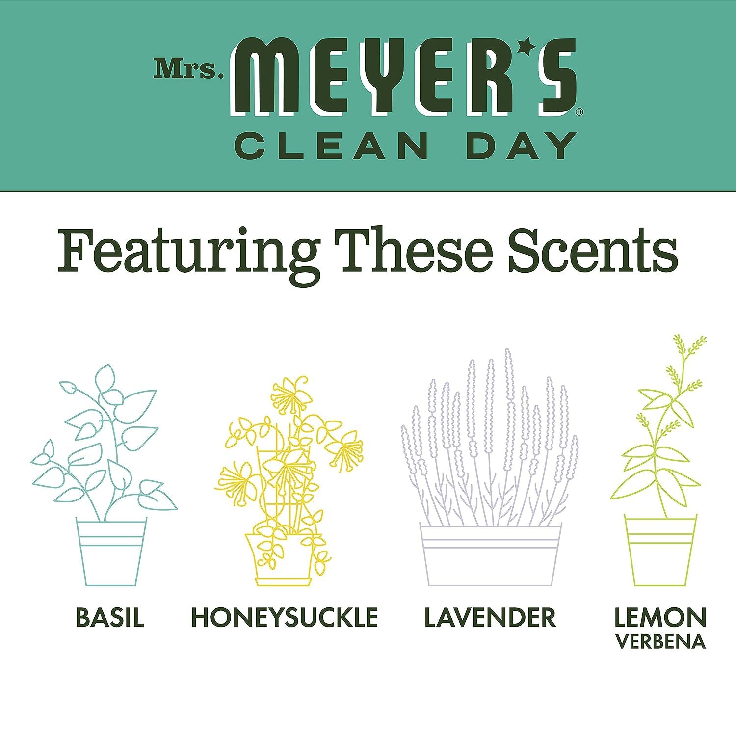Mrs. MEYER'S Basil Lavender bottle close-up showing no parabens or phthalates.