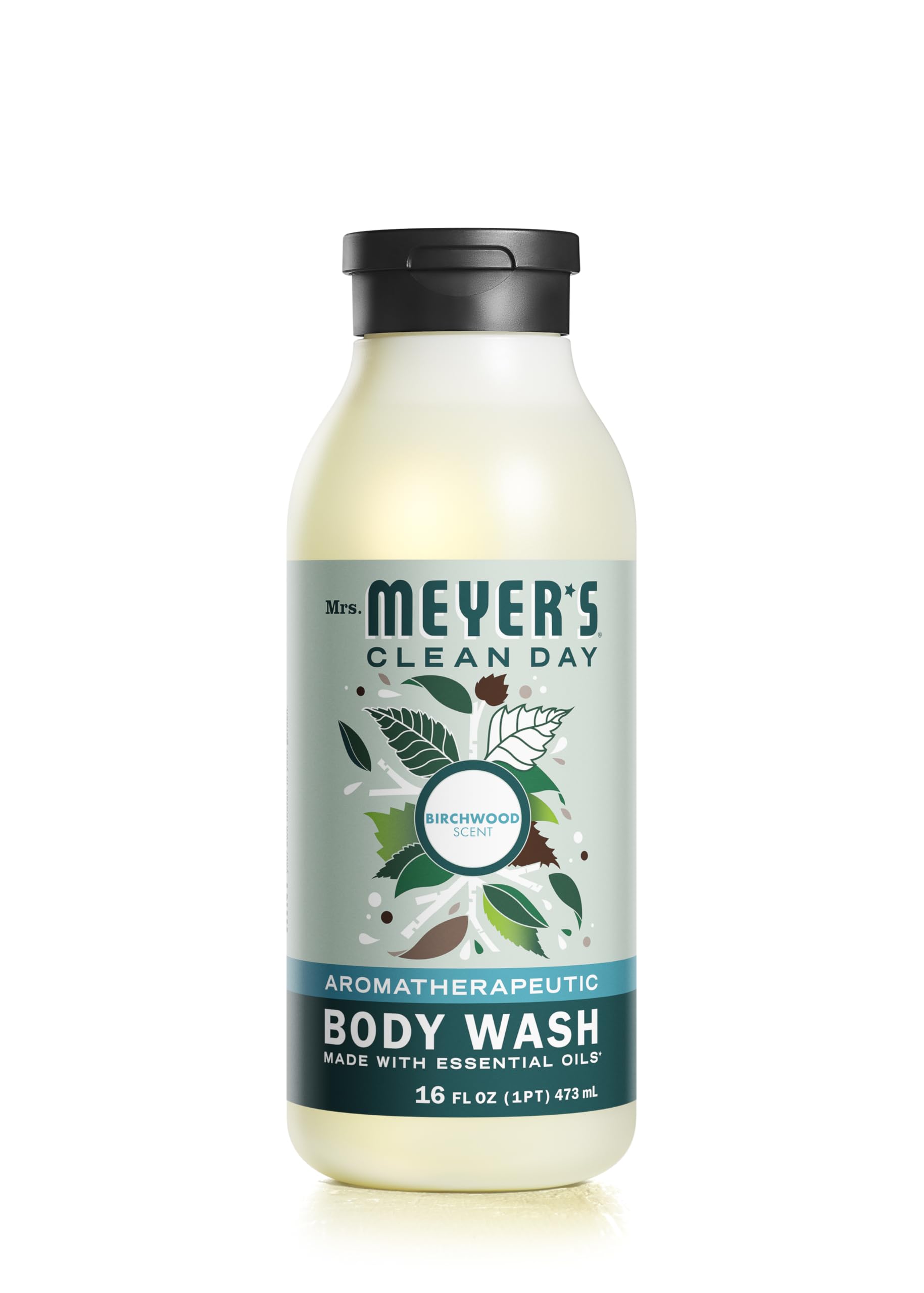 Mrs. Meyer's Birch Wood body wash bottle front view with forest-inspired, moisturizing formula.