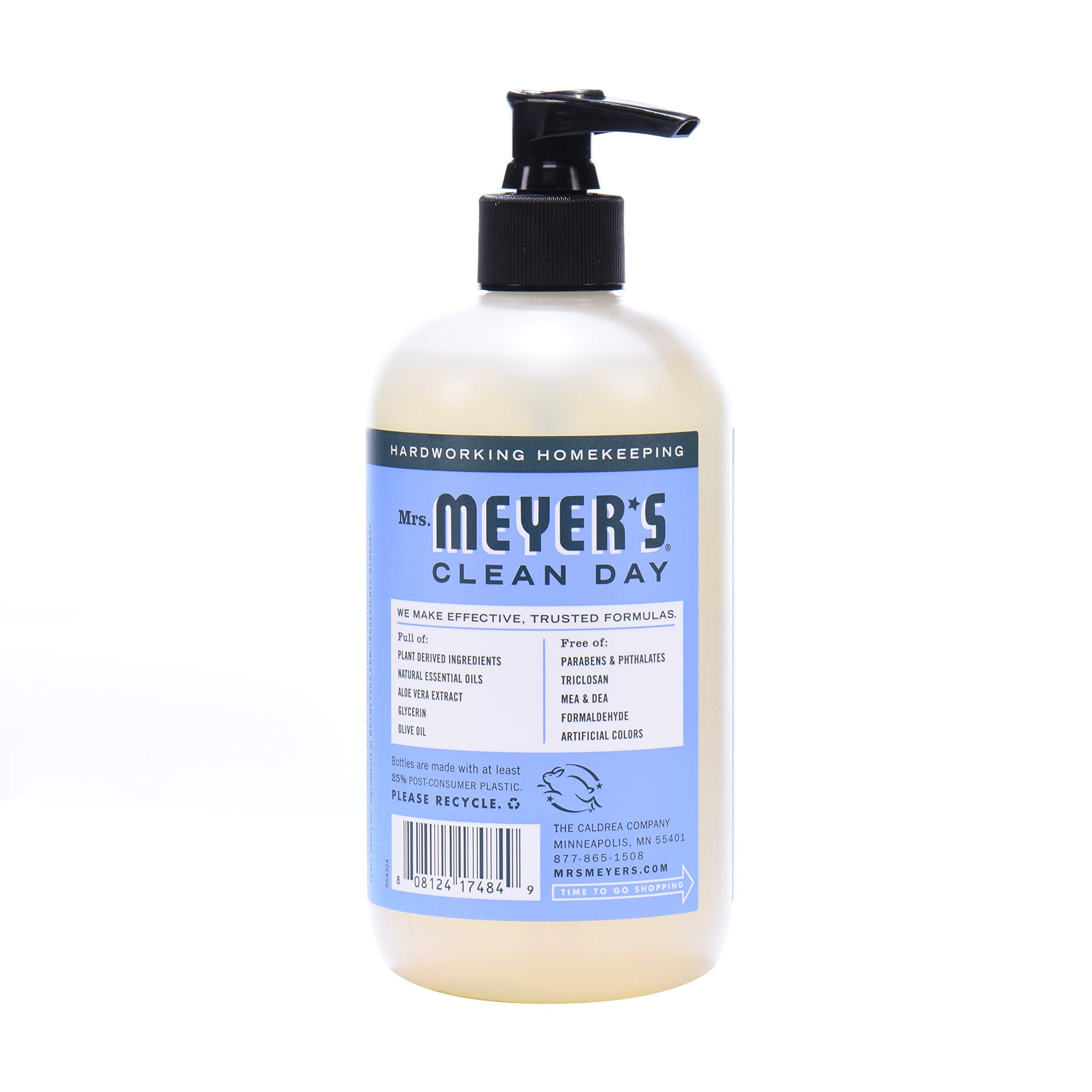 Label of Mrs. Meyer's Bluebell hand soap highlighting cruelty-free formula