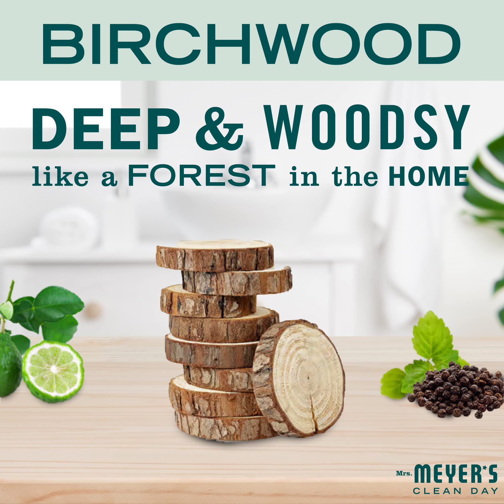 Birchwood scent highlighted on Mrs. Meyer's bar soap.