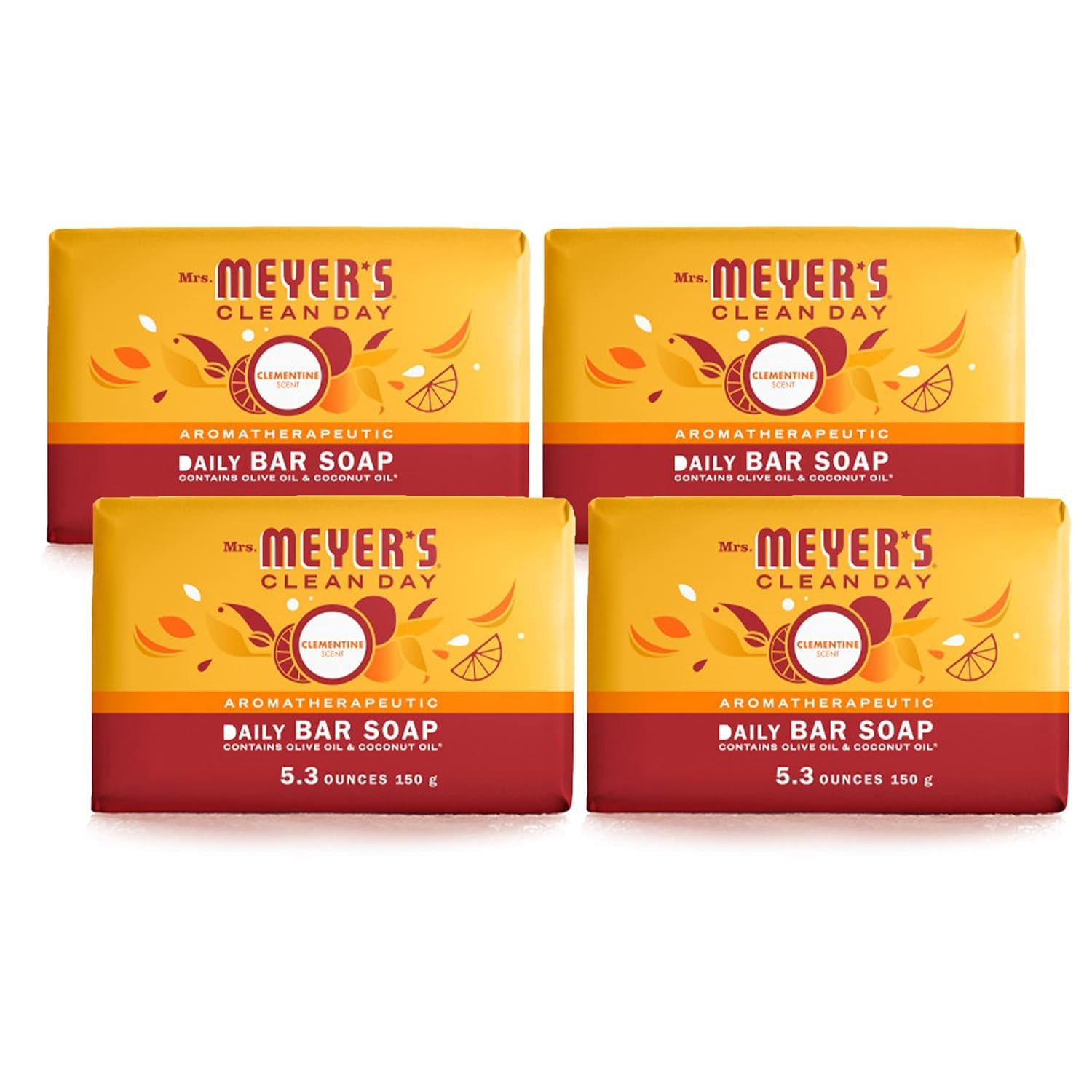 Mrs. Meyer's Clean Day Clementine bar soap close-up showing creamy lather for gentle cleansing.
