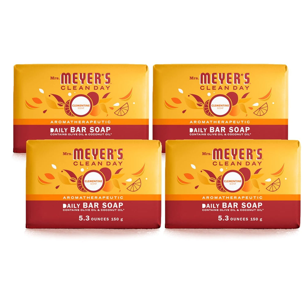 Mrs. Meyer's Clean Day Clementine bar soap close-up showing creamy lather for gentle cleansing.