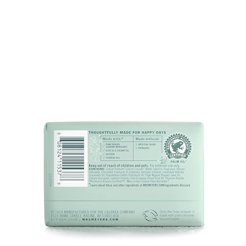 Mrs. Meyer's Clean Day bar soap lathers rich and creamy on skin.