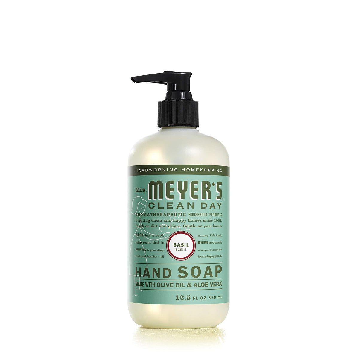 Mrs. Meyer's Clean Day Basil hand soap pump bottle, ready for everyday cleansing.