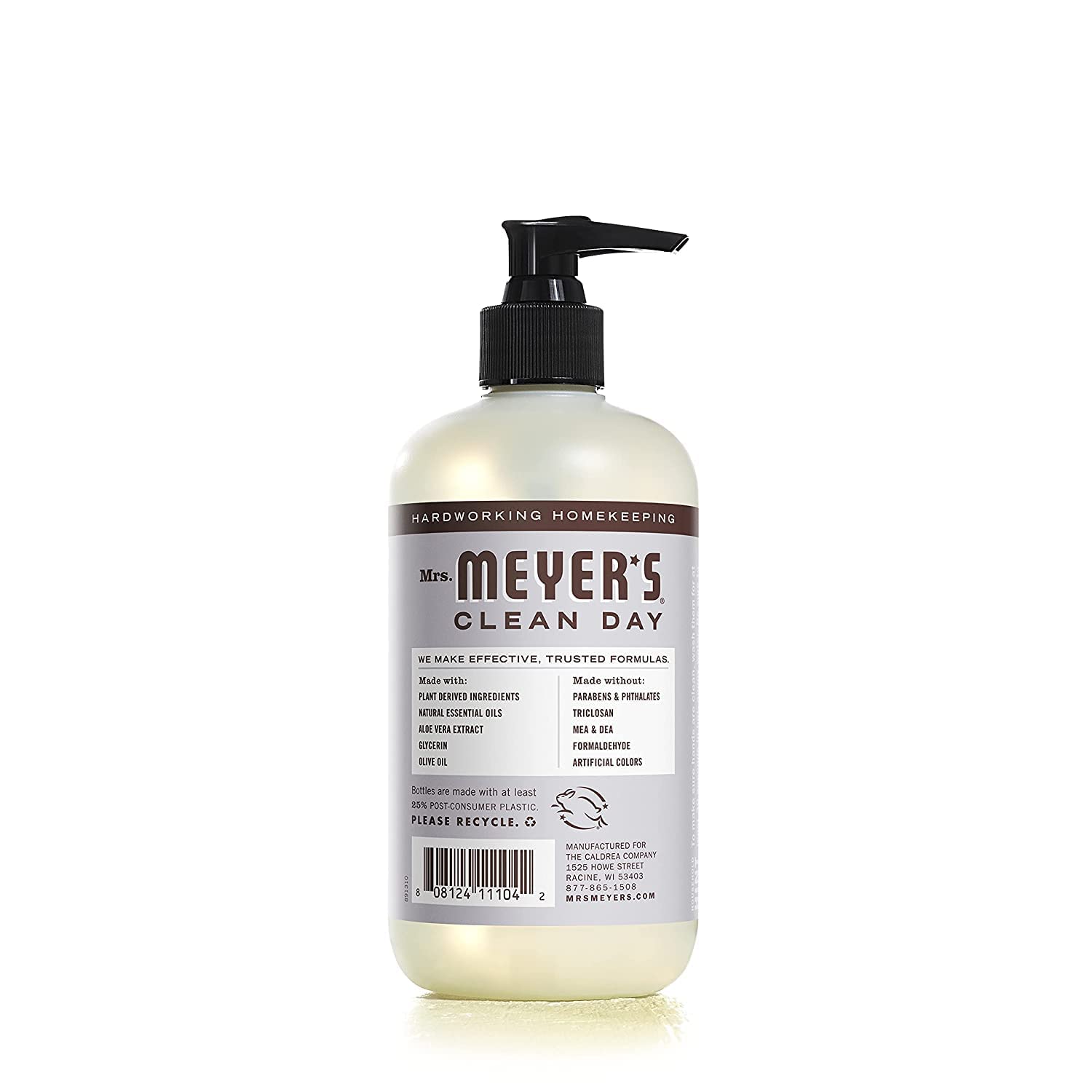 Cruelty-free label on Mrs. Meyer's Clean Day hand soap packaging
