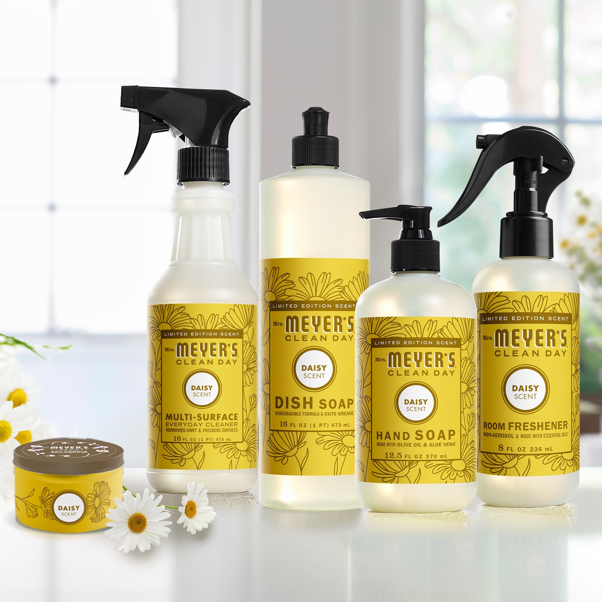Kitchen or bathroom shelf display with Mrs. Meyer's Daisy scent.
