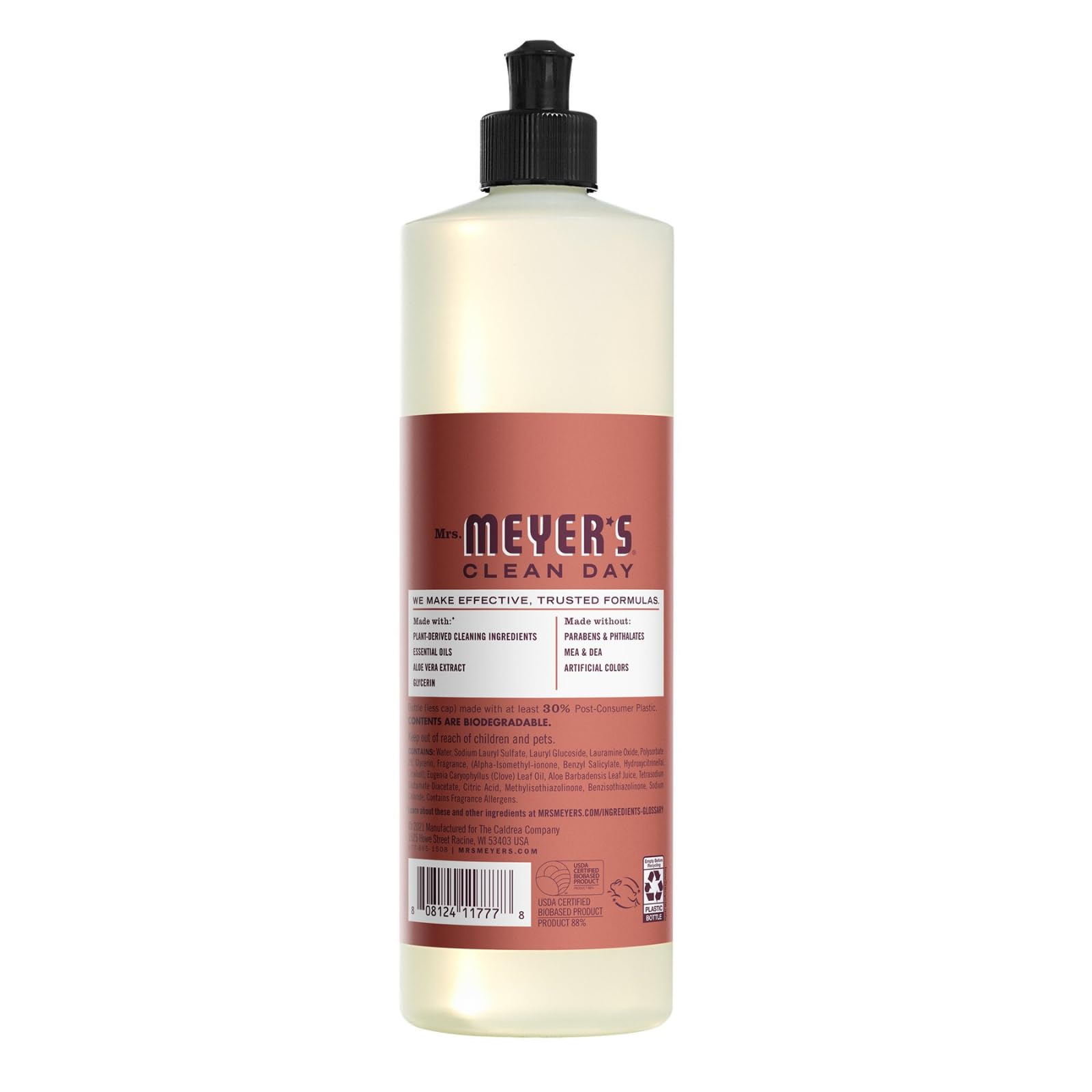 Mrs. Meyer's Clean Day dish soap label close-up with degreasers