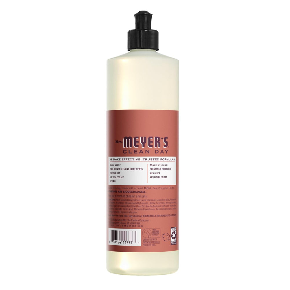 Mrs. Meyer's Clean Day dish soap label close-up with degreasers