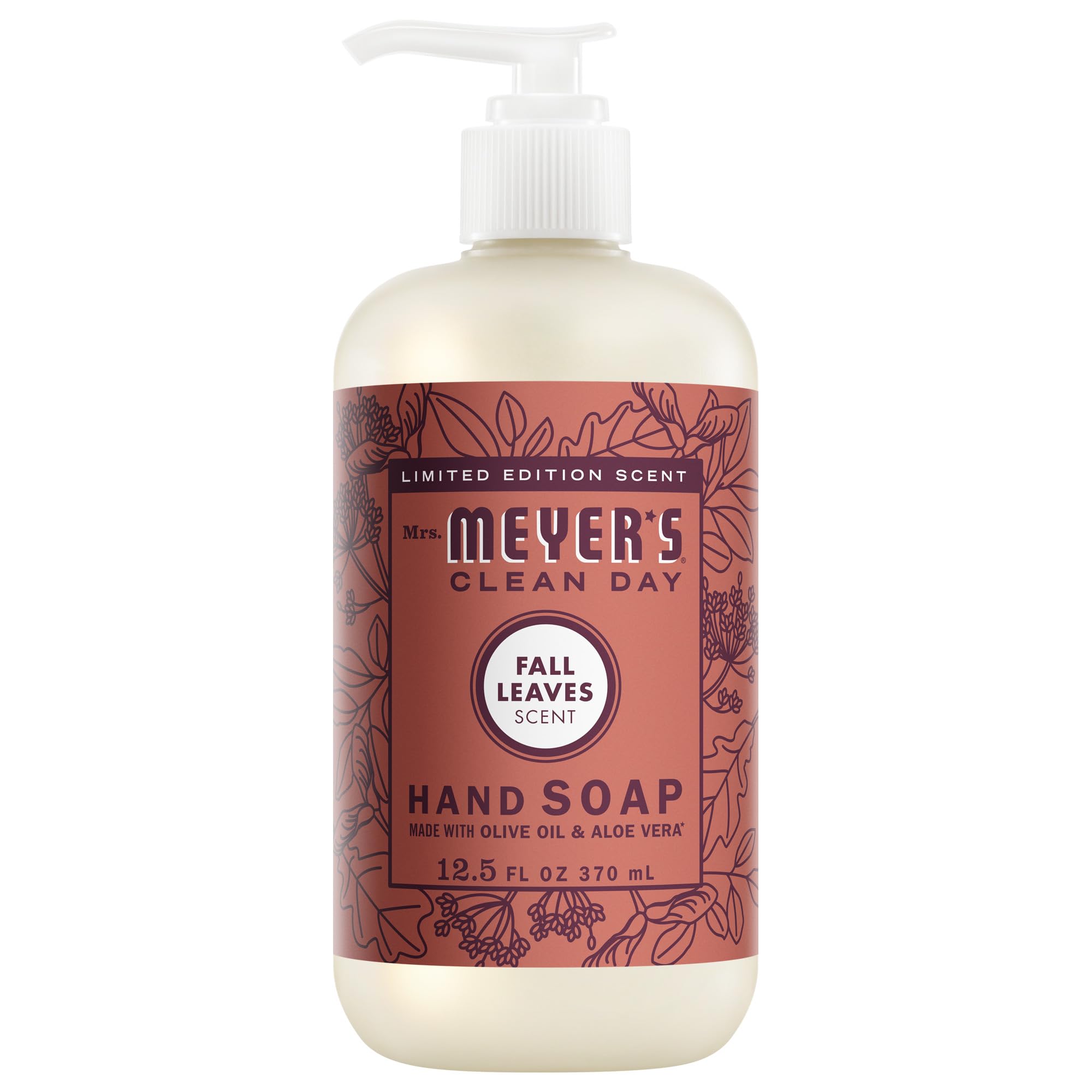 Mrs. Meyer's Clean Day Fall Leaves bottle on sink for autumn hand cleansing