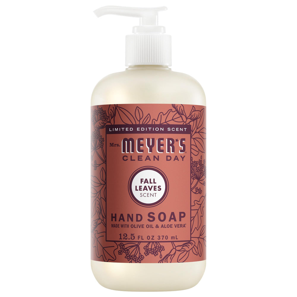Mrs. Meyer's Clean Day Fall Leaves bottle on sink for autumn hand cleansing