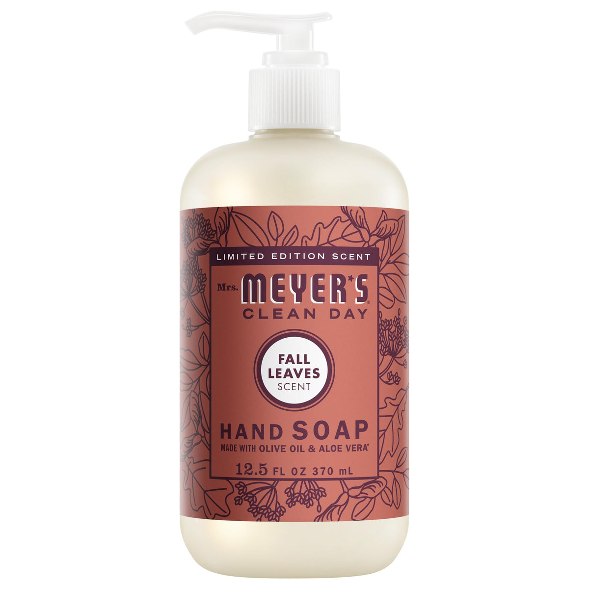 Mrs. Meyer's Clean Day Fall Leaves bottle on sink for autumn hand cleansing