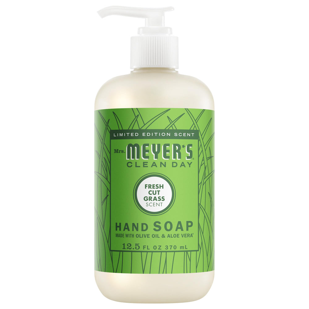 Mrs. Meyer's Clean Day Fresh Cut Grass bottle ready for quick handwashing after gardening.