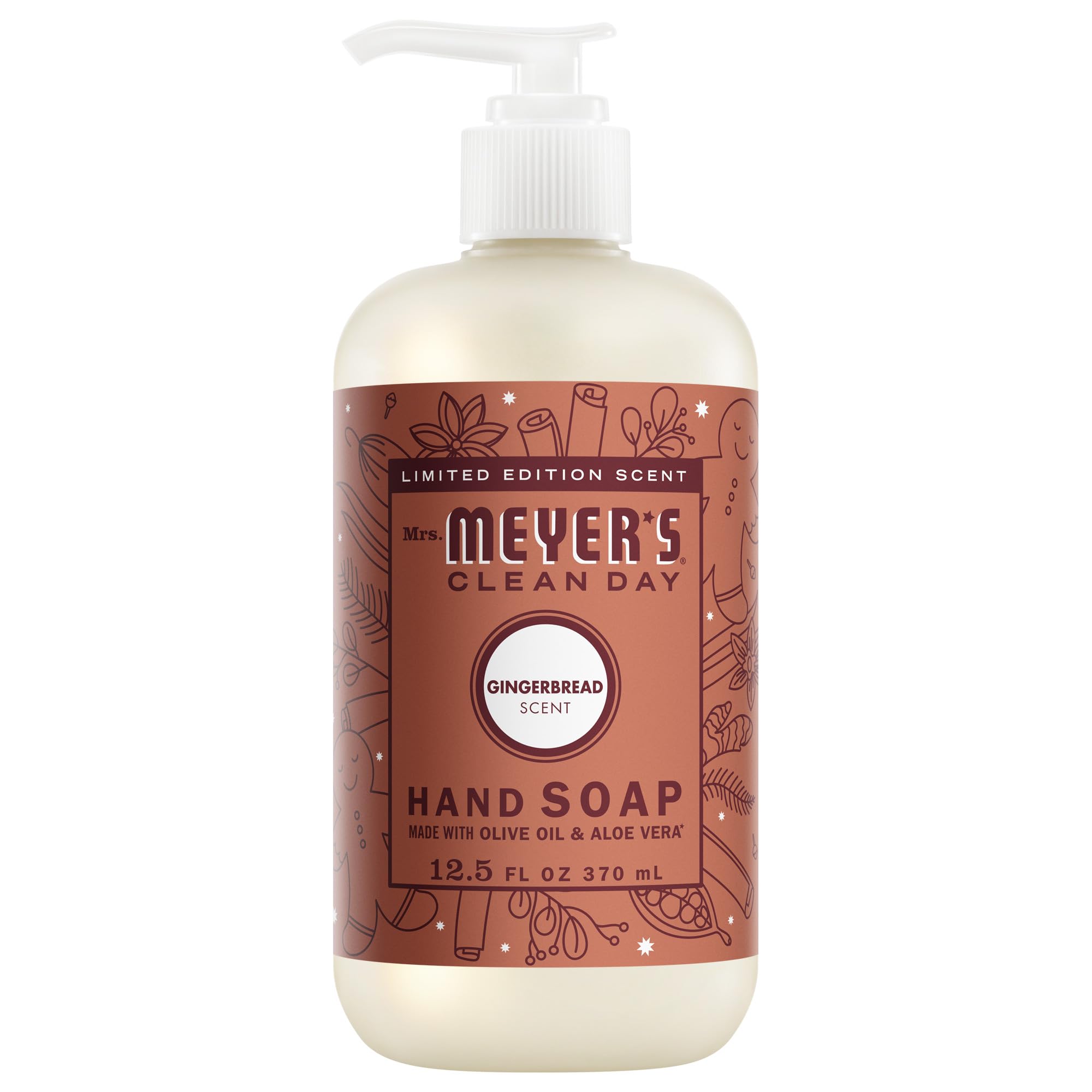 Mrs. Meyer's Gingerbread hand soap bottle refreshing hands with seasonal scent