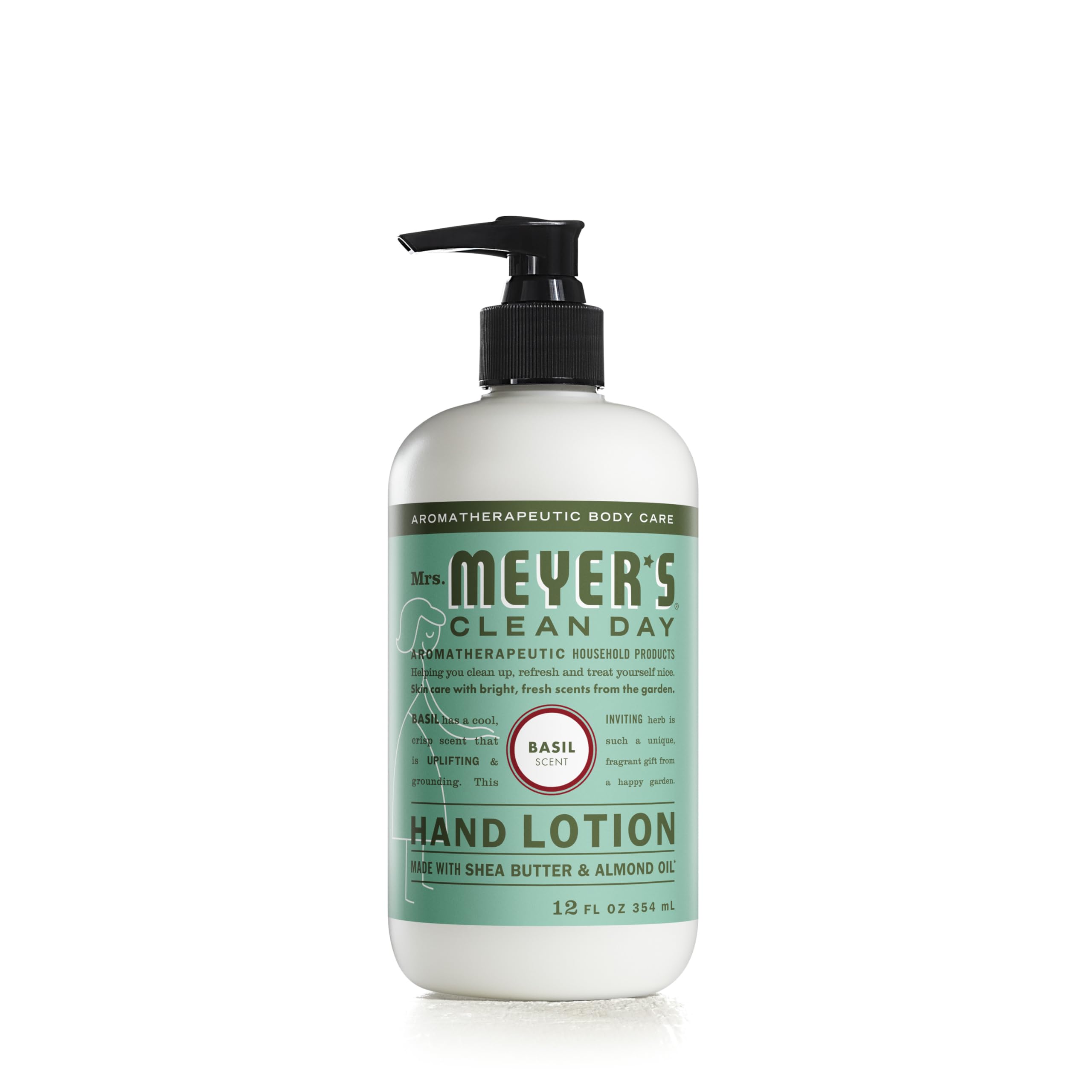 Mrs. Meyer's Clean Day Basil Hand Lotion bottle showing non-greasy formula