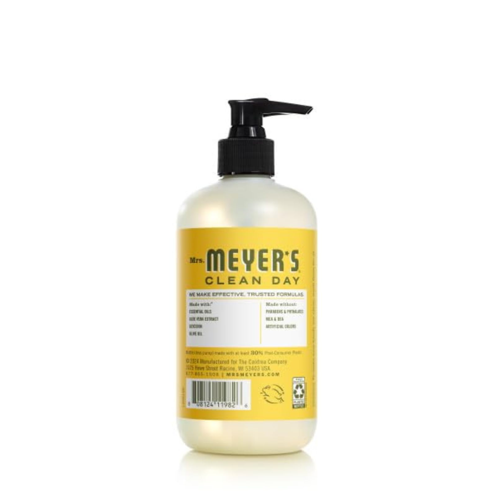 Mrs. Meyer's Clean Day hand soap bottle on kitchen shelf ready for daily use