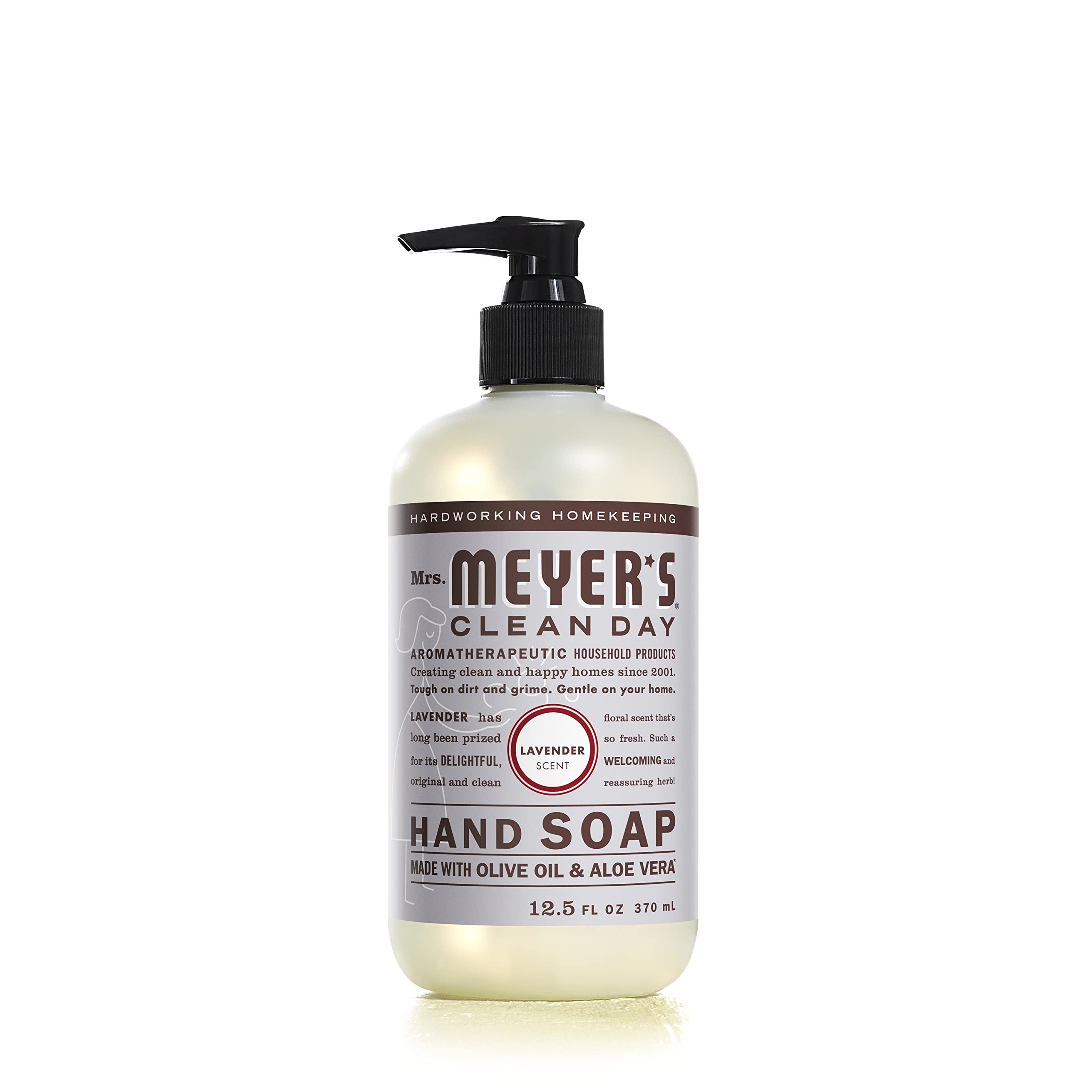 Mrs. Meyer's Clean Day Basil hand soap bottle highlights herbaceous scent and gentle cleansing for hands