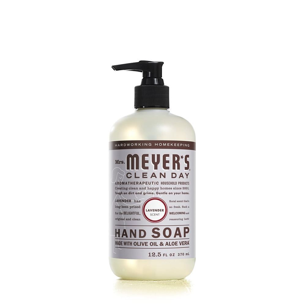 Mrs. Meyer's Clean Day Basil hand soap bottle highlights herbaceous scent and gentle cleansing for hands