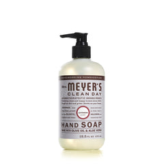 Mrs. Meyer's Clean Day Basil hand soap bottle highlights herbaceous scent and gentle cleansing for hands