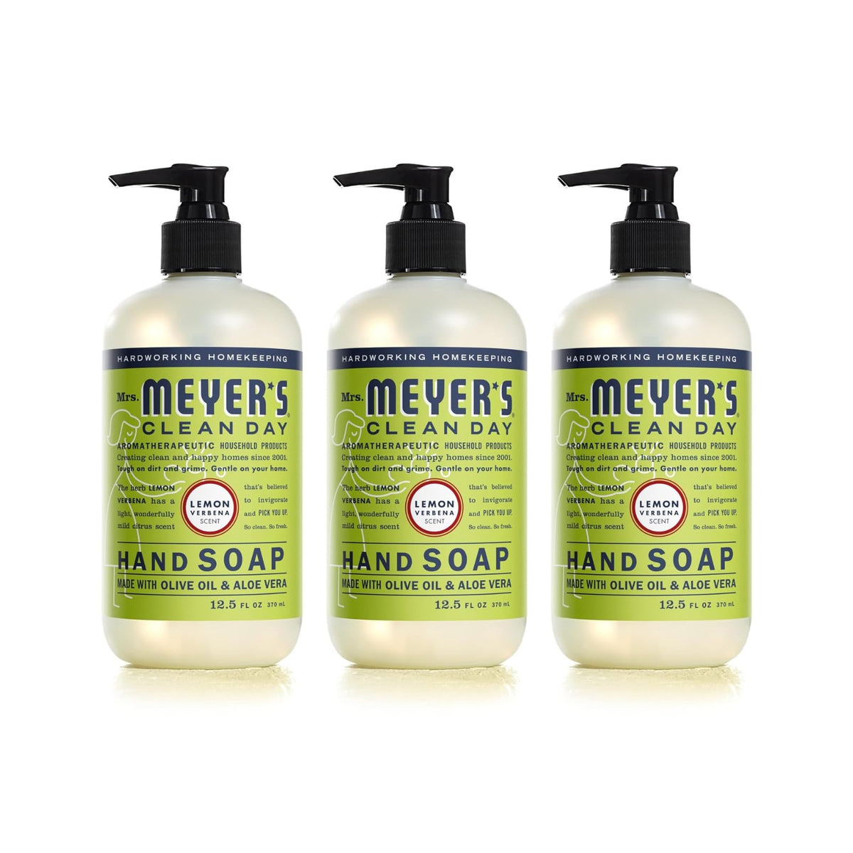 Mrs. Meyer's Clean Day Lemon Verbena hand soap bottle on sink, refreshing citrus aroma.