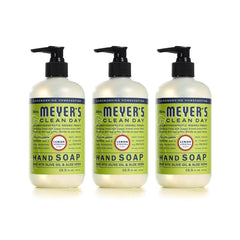 Mrs. Meyer's Clean Day Lemon Verbena hand soap bottle on sink, refreshing citrus aroma.
