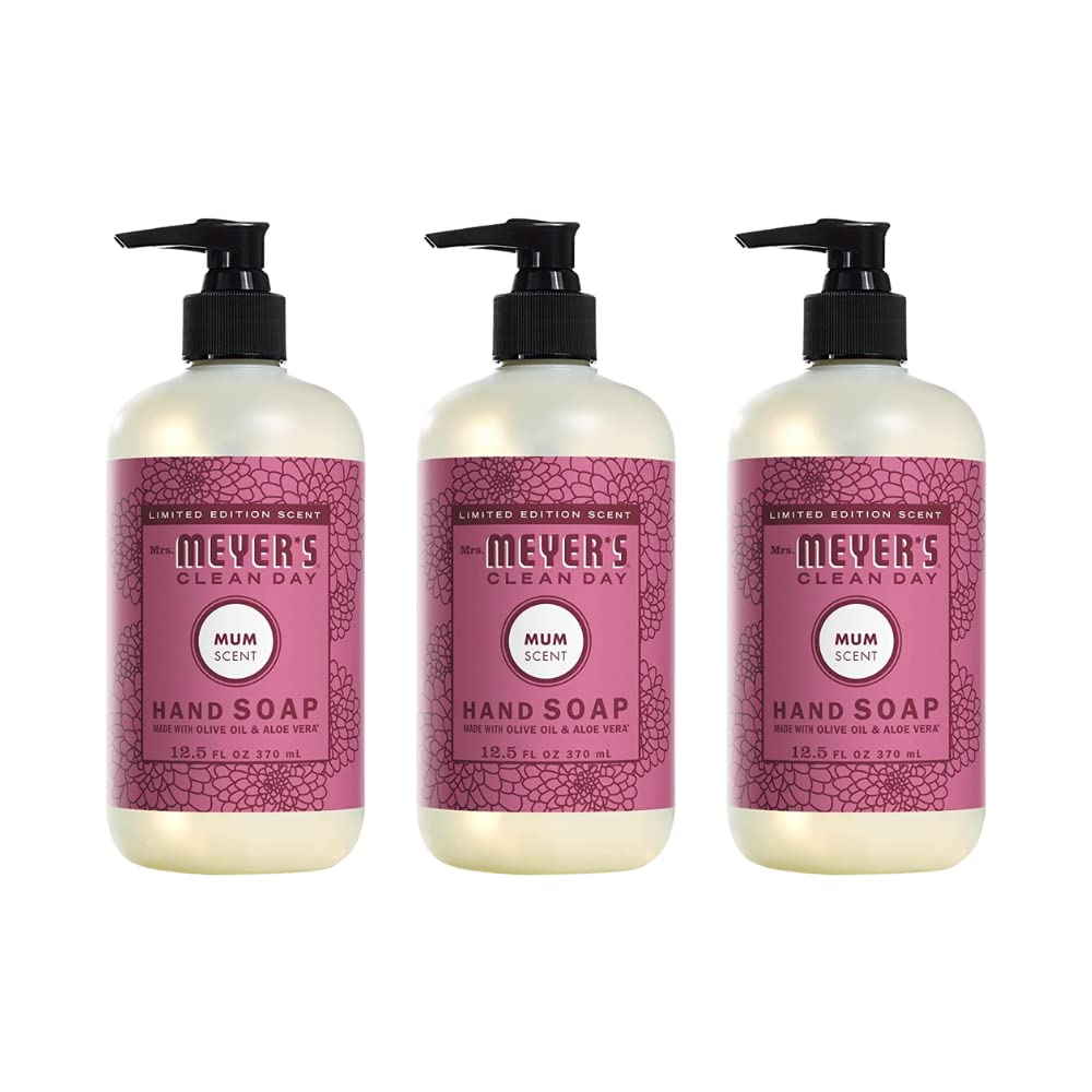 Mrs. Meyer's Clean Day Mum hand soap bottle with warm floral scent for daily cleansing.