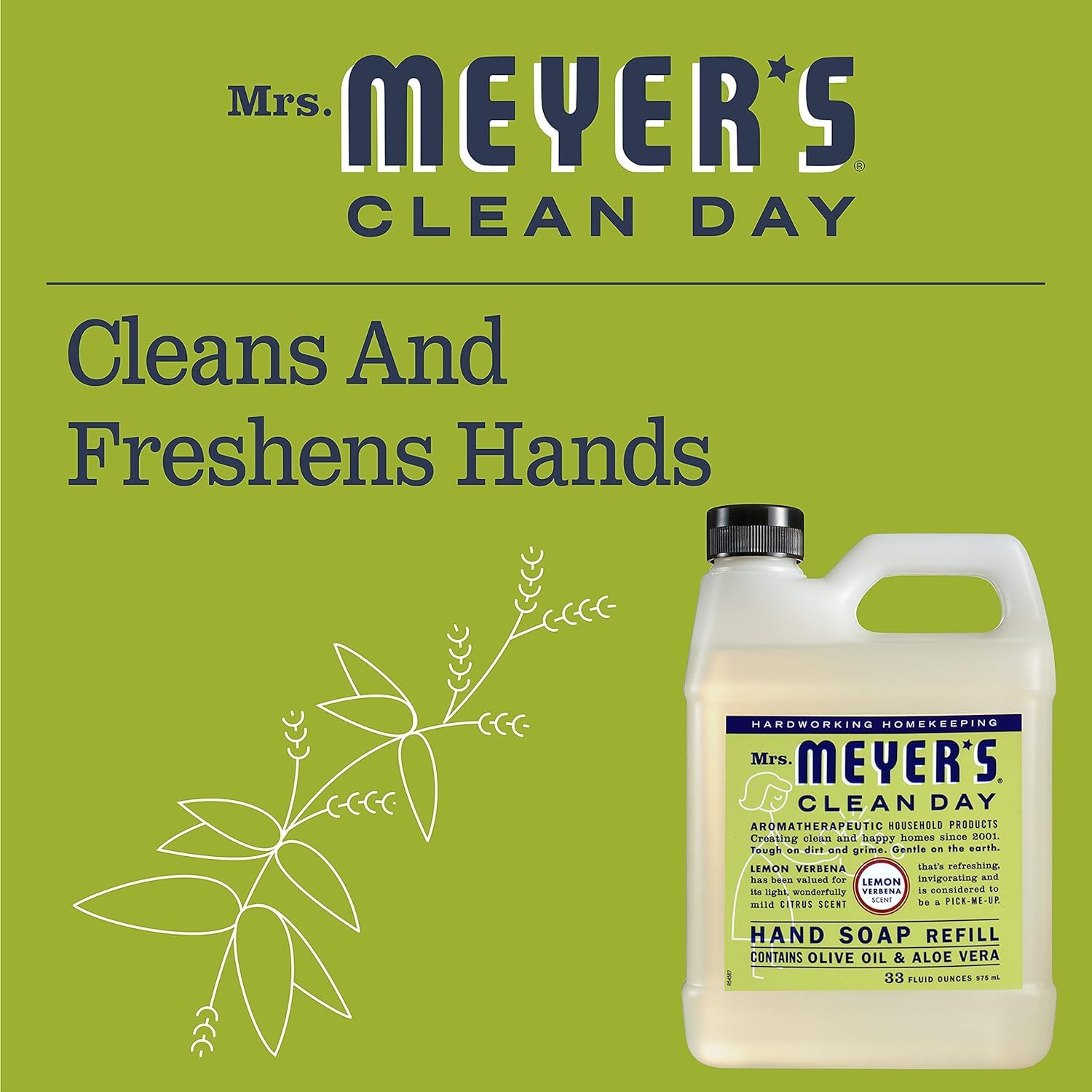 Dispensing pump on Mrs. Meyer's Clean Day hand soap refill bottle in use
