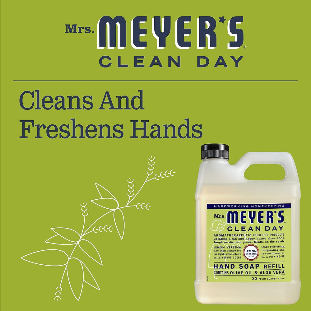 Dispensing pump on Mrs. Meyer's Clean Day hand soap refill bottle in use