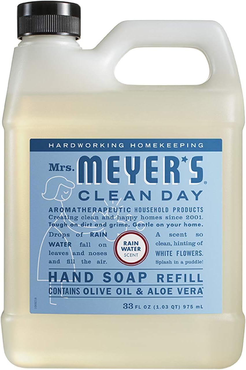 Label closeup of Mrs. Meyer's hand soap refill showing scent notes