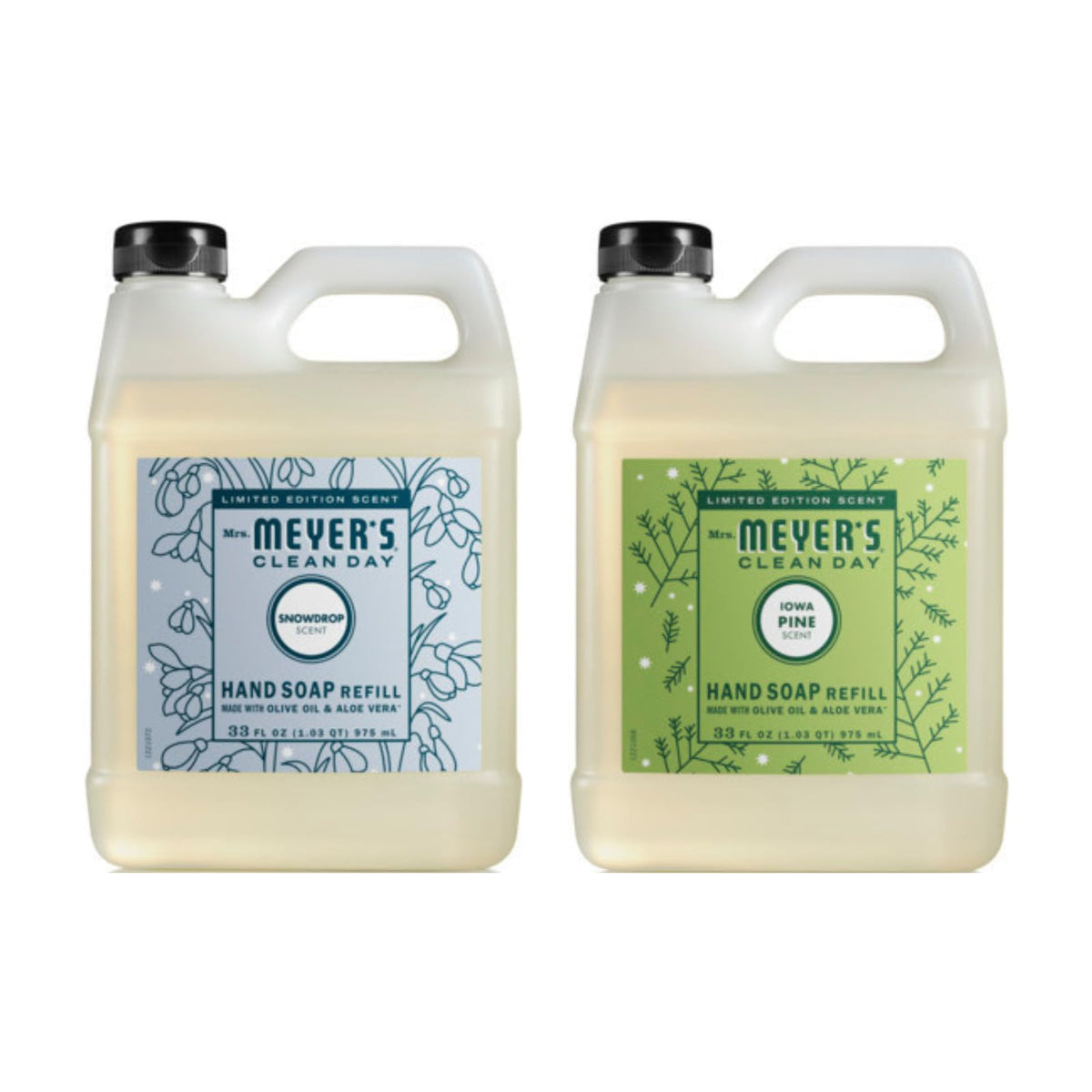 Mrs. Meyer's Clean Day hand soap refills label closeup showing nourishing ingredients.