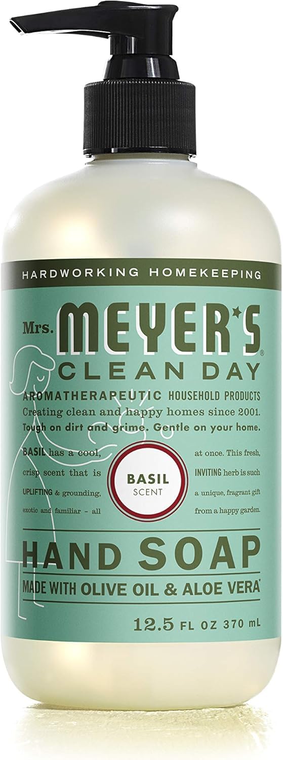 Display of Mrs. MEYER'S Clean Day six-pack hand soaps on a kitchen shelf.