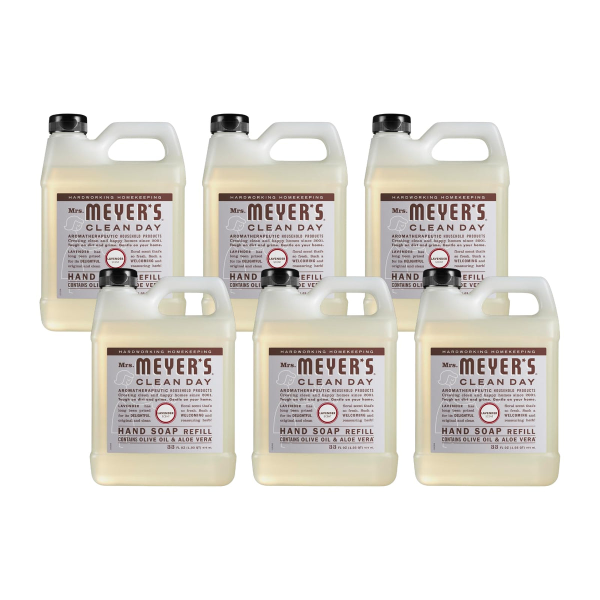 Mrs. Meyer's Clean Day Lavender refill bottle pour showing easy refilling and gentle cleansing.