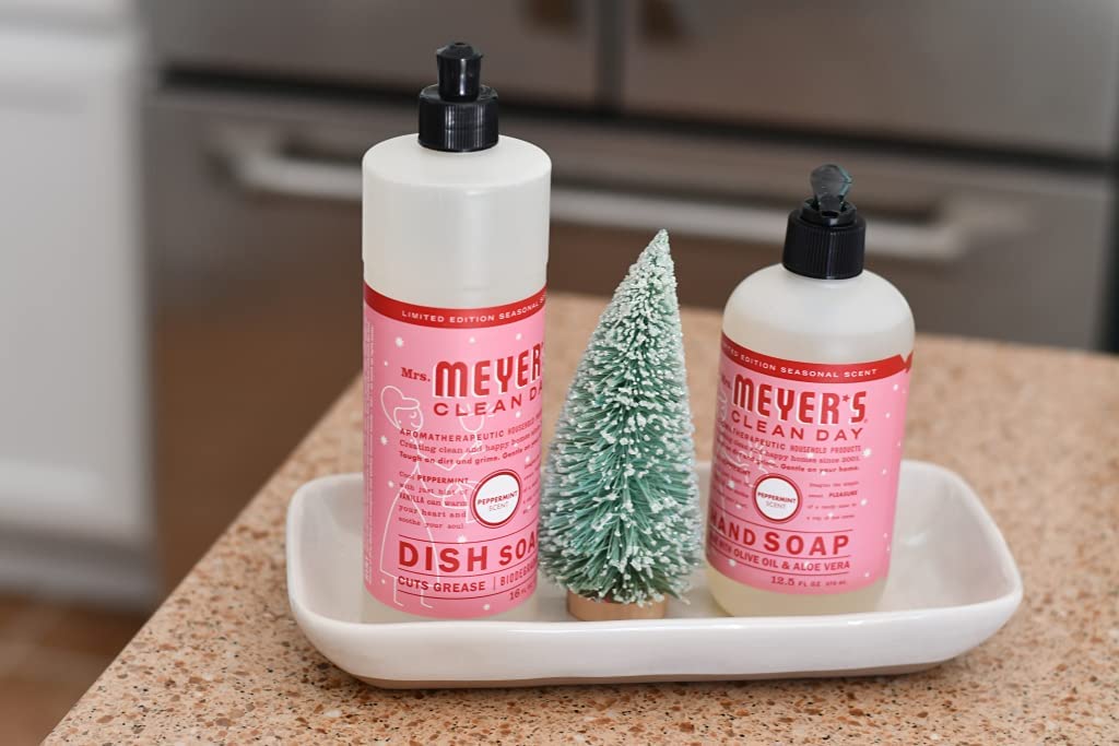 Cruelty-free packaging marks Mrs. Meyer's Peppermint hand soap.