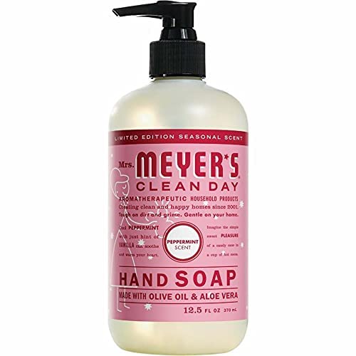 Mrs. Meyer's Peppermint hand soap pump releases a light, citrusy aroma during handwashing.